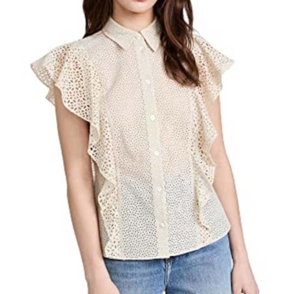 Theory Nova Eyelet BD Ruffle Top Blouse Ecru sz XL